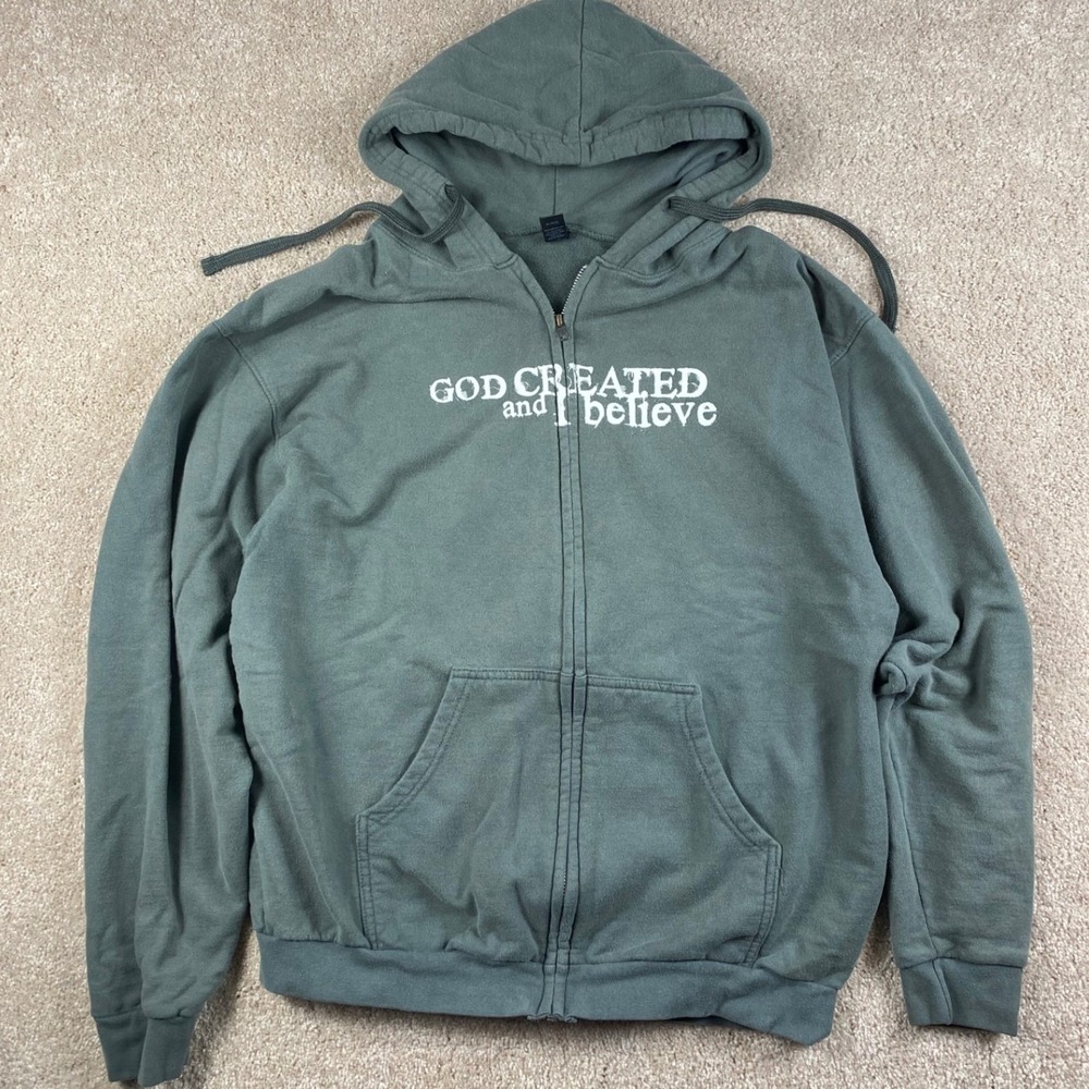 Tultex Mens Creation Museum Zip Up Hoodie Green Graphic Sweatshirt Large